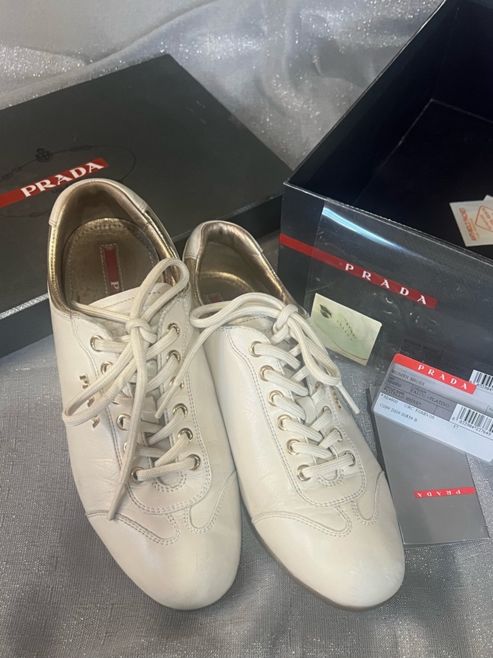 Prada Ivory Leather Lace-Up Sneakers with Gold Interior